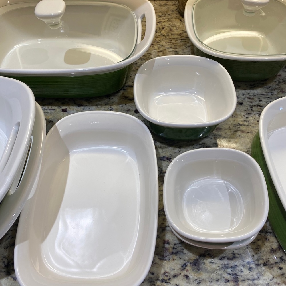 10 Piece Green Corningware Etch Serveware